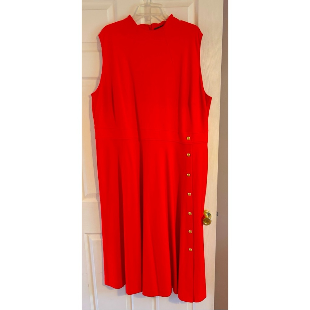 Lauren Ralph Lauren Sleeveless Red Midi Dress with Side Gold Buttons